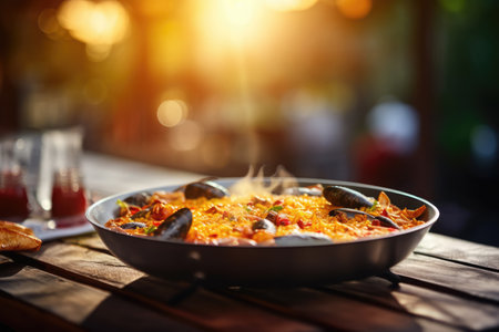 Classic dish of Spain. Delicious spanish seafood paella in traditional pan on wooden tableの素材