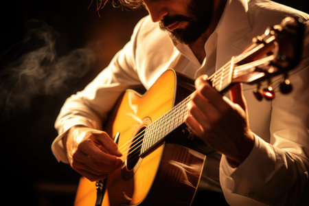 Man in white classical suit playing acoustic guitar. Spanish traditional live music performanceの素材