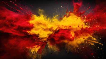 Red and yellow colored powder explosions on black background. Holi paint powder splash in colors of Spanish flagの素材