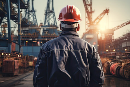 Man worker with hardhat control inspection at cargo container transportion ship port warehouse. Industrial port, transport import and export logistic serviceの素材