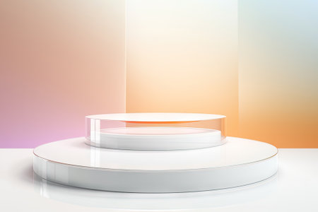 Transparent round cylinder platform pedestal podium with gradient pastel color background. Empty crystal glass scene showcase stand for cosmetic product promotion display presentation. Front viewの素材