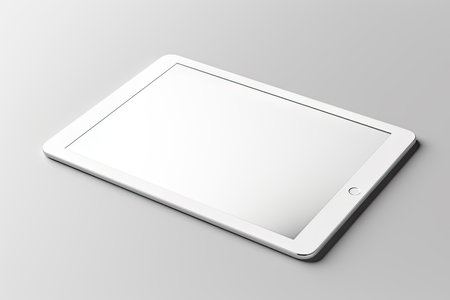 Mock up. White digital tablet computer with blank black screen mockup lies on the light gray surface backgroundの素材