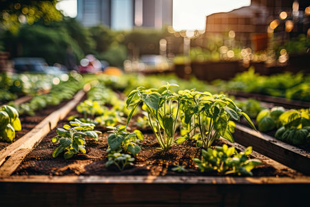 Raided beds in an urban garden growing plants herbs spices vegetables and flowers in the city. Sustainable living lifestyleの素材