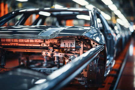 Modern automobile production line. Car are on assembly line. Factory for production of cars. Modern automotive industryの素材
