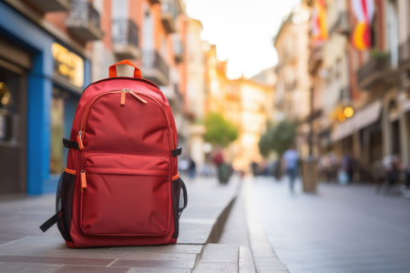Red travel backpack on the pavement in Spanish city old town street. Solo traveler, tourism, travel, vacation conceptの素材