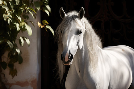 White Andalusian horse outdoors. Andalusian horse, originating from the Iberian Peninsula, is admired for its elegance and versatility in various equestrian pursuitsの素材