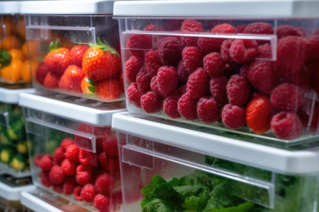 Frozen berries and healthy vegetables in plastic containers on the freezer shelves in refrigeratorの素材