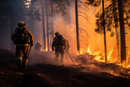 Extensive wildfires raging through national parks and forests. Firefighters battling a large fire. Burning trees. Climate change, global warming, drought, natural disaster, environmental crisisの素材