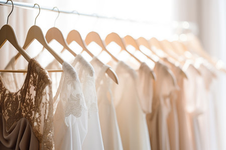 Beautiful elegant luxury bridal dress on hangers. Different wedding dresses hanging on hanger in bridal shop boutique salon. Closeupの素材