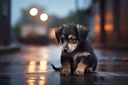 Stray homeless dog. Sad abandoned hungry puppy sitting alone in the street under rain. Dirty wet littlelost dog outdoorsの素材
