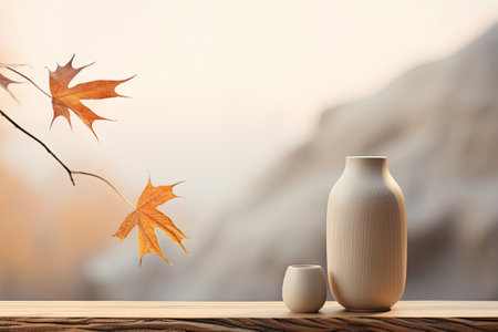 Light brown empty vase on wooden background and tree branches with colorful autumn leaves on blurred background. Home decorationの素材