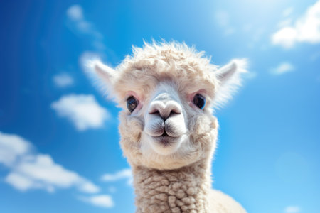 Funny white alpaca on blue sky background. Low angle viewの素材