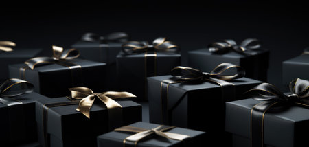 Arranged present gifts boxes wrapped in black paper with gold ribbon on black backgroundの素材