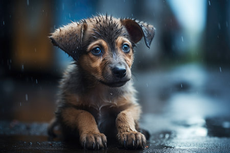Stray homeless dog. Sad abandoned hungry puppy sitting alone in the street under rain. Dirty wet littlelost dog outdoorsの素材