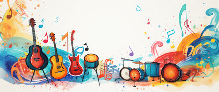 Music, school, education, hobby, leisure concept. Abstract creative background with musical tools and symbolsの素材