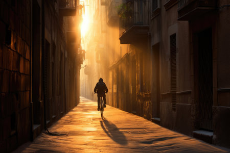 Man rides bicycle in narrow empty city street at sunset. Man silhouette with bike on empty Spanish city old town streetの素材