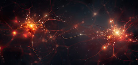 Abstract geometric background. with hexagons. Structure of human brain cells, neurons glowing orange and red colors. Medicine, technology, communication conceptの素材