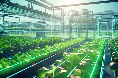 Future agriculture concept. Vegetables growing factory, indoors greenhouse. Abstract future food factoryの素材
