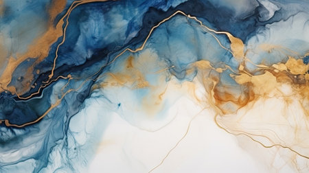 Marble ink abstract art background. Luxury abstract fluid art painting in alcohol ink technique, mixture of blue, orange and gold paints. AI generativeの素材