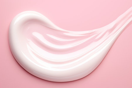 Beauty cream smear texture background. White cream, lotion, moisturizer, skin care cosmetic product smear on pastel pink backgroundの素材