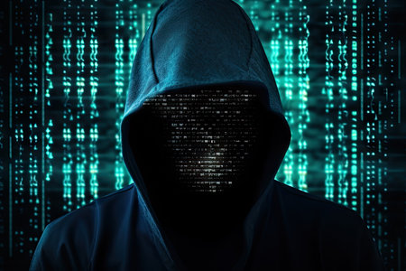 Unrecognizable computer hacker with hoodie and obscured face. Abstract technology, cyber security, cyber attack, personal data safety, internet fraud, data thief, darknet concept backgroundの素材