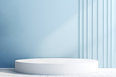 White round cylinder platform pedestal podium with decorated light blue color background. Empty scene stage showcase stand for cosmetic product promotion display presentation. Front view. AI generatedの素材