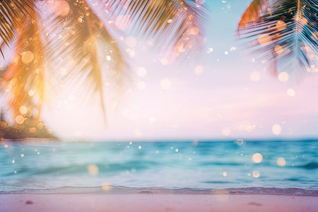 Beautiful beach of ocean, sea background. Palm leaves on tropical beach with bokeh sun light and splashes of waves. Nature, summer vacation, travel conceptの素材