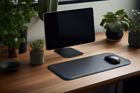 Ergonomic elegant luxury workplace. Modern computer, black leather mousepad and green potted plants on wooden table. Comfortable home office for entrepreneur, freelancerの素材