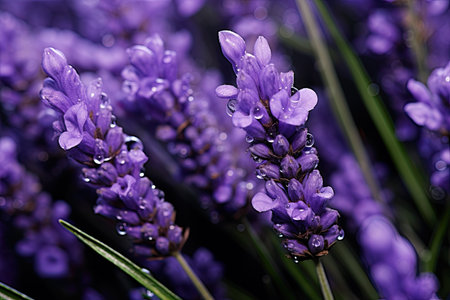 Blooming lavender field. Beautiful purple lavender flower with dew drops. Closeupの素材