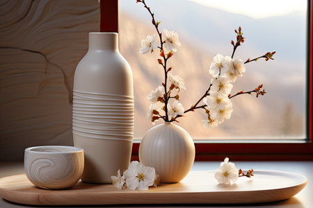 Home interior decor elements. Blooming spring tree branch in vase near window and white wallの素材