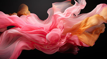 Abstract background with flowing pink, yellow, orange, gold waves. Colorful waved shaped lines on black background.の素材