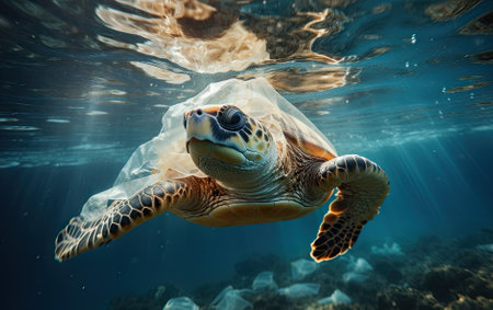 Plastic pollution in ocean environmental problem. Turtle hardly trapped in used plastic bag in ocean waterの素材