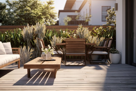 Beautiful of modern terrace with wood deck flooring and fence, green potted flowers plants and outdoors furniture. Cozy relaxing area at home. Sunny stylish balcony terrace in the cityの素材