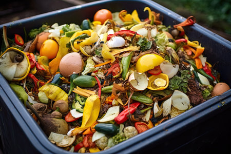 Compost container with mix vegetables and fruits peels and scraps. Outdoor compost bin for reducing kitchen waste. Organic waste in garden composter. Eco friendly gardening, sustainability, ecologyの素材
