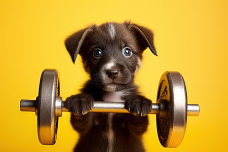Cute puppy dog doing sport exercise with dumbbell on yellow backgroundの素材