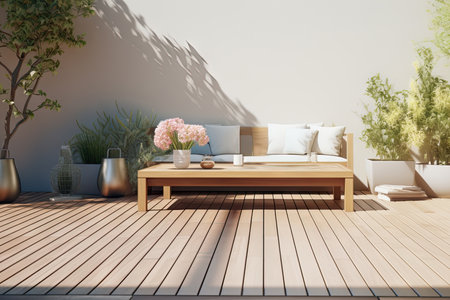 Beautiful of modern terrace with wood deck flooring, green potted flowers plants and outdoors furniture. Cozy relaxing area at home back yard. Sunny stylish balcony terrace in the cityの素材