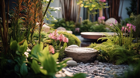Beautiful flower gardening design details. Designing beautiful landscape. Multicolored flowerbed with stylish foliage and flowers, design elements and stones in back yardの素材