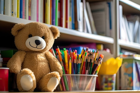 Bookshelf with colorful books and teddy bear with colored pencils on the table. Elementary school, kindergarten playroom with toys, children library, preschool education. Learn and playの素材