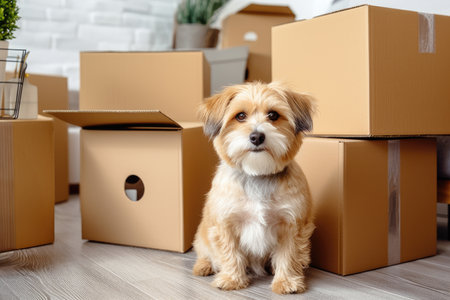 Cute dog sitting near stack of cardboard boxes with household belongings and potted home plants in empty living room. Moving to new home, relocation, renovation, removals and delivery service conceptの素材