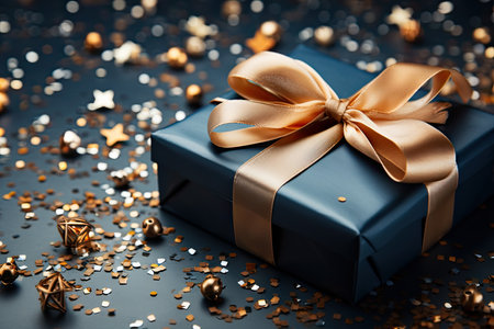 Navy blue gift box with satin ribbon on blue background with golden glitter. Christmas present, birthday, anniversary, valentines day giftbox. Top viewの素材