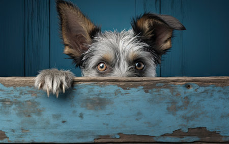 Puppy head with paws up peeking over grunge blue wooden background. Little dog curiously peeking out from behind blue background. Pets adoption, shelter, rescue, help for pets. Front view, copy spaceの素材