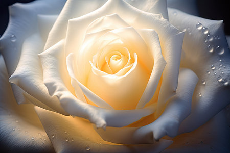 Close up of amazing white rosewith dew and droplets over black backgroundの素材