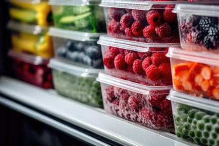 Frozen berries and healthy vegetables in plastic containers on the freezer shelves in refrigerator at homeの素材