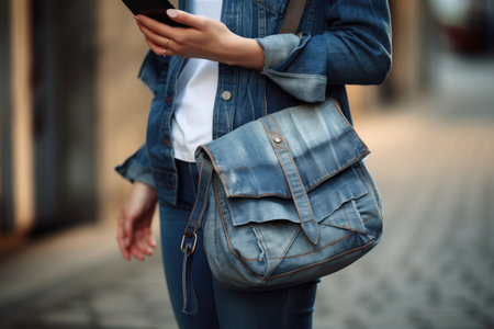 Woman with DIY bag made of old blue jeans. Upcycled trendy denim handbag. Sustainable lifestyle, hobby, crafting, recycling, zero waste conceptの素材