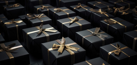 Arranged present gifts boxes wrapped in black paper with gold ribbon on black backgroundの素材