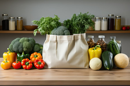 White eco friendly shopping bag with fresh vegetables. Linen tote shopper bag, fresh vegetables on wooden kitchen table. Sustainable lifestyle, zero waste, plastic free conceptの素材