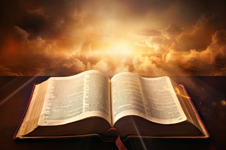 Open old bible book on magic galaxy sky background. Religion, God light, truth, spiritual illumination, God love and grace conceptの素材