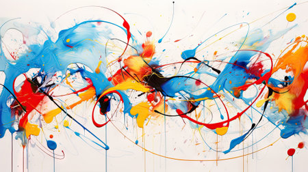 Vibrant and colorful banner template. Messy paint strokes and smudges on an white background. Blue, orange, yellow, red, black color drips, flows, streaks, splashes, visible brushstrokes of oil paintの素材