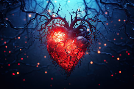 Stylized human human heart with veins, arteries and blood vessels on blue background. Medical neuron cardiovascular connection.の素材