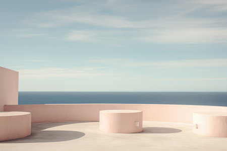 Architectural detail in minimalistic design. White Mediterranean villa house rooftop terrace in sunny day. Minimal architecture building detail in Spanish coastline by Mediterranean sea in Spainの素材